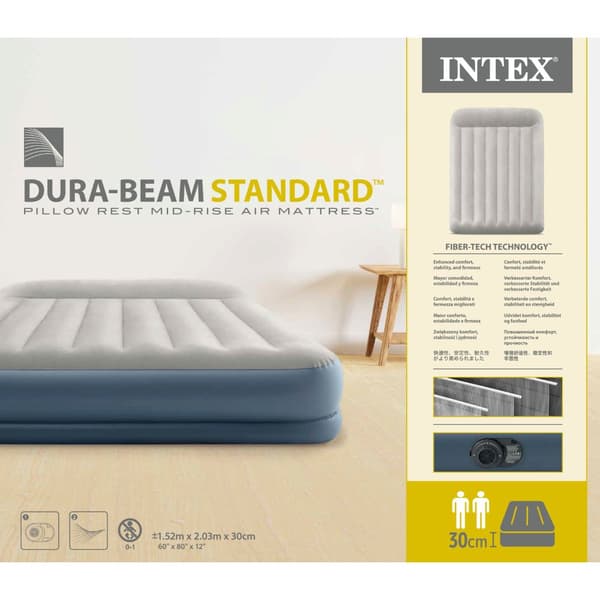 Intex Pudestøtte Mid-Rise - Airbed - 2 Personer - Inklusiv indbygget pumpe og reparationssæt - 203x152x30 cm - PVC - Grå