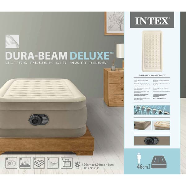 Intex Airbed - 1-Person - 99 x 191 x 46 cm - Beige - Med indbygget pumpe + Påsyet lagen Hvid + Pude + Molton 2 i 1 Pudebetræk + Reparationssæt
