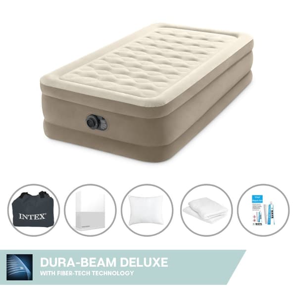 Intex Airbed - 1-Person - 99 x 191 x 46 cm - Beige - Med indbygget pumpe + Påsyet lagen Hvid + Pude + Molton 2 i 1 Pudebetræk + Reparationssæt