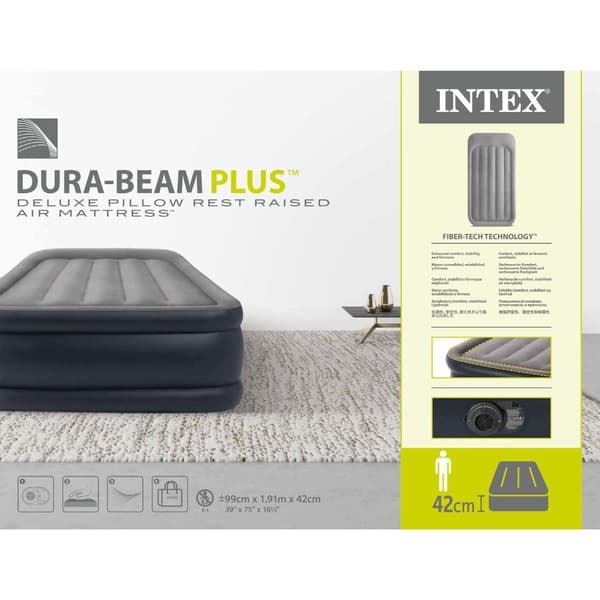 Intex Airbed - 1-Person - 99 x 191 x 42 cm - Grå - Med pumpe + Påsyet lagen Hvid + Pude + Molton 2 i 1 Pudebetræk + Reparationssæt