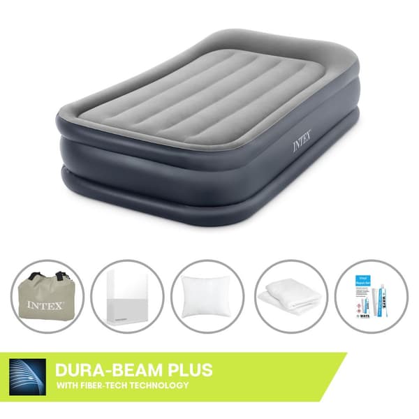 Intex Airbed - 1-Person - 99 x 191 x 42 cm - Grå - Med pumpe + Påsyet lagen Hvid + Pude + Molton 2 i 1 Pudebetræk + Reparationssæt