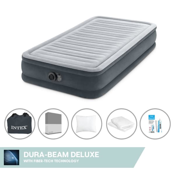 Intex luftseng - 1 person - 99 x 191 x 33 cm - Grå - Med indbygget pumpe + Påsyet lagen antracit + pude + Molton 2 i 1 pudebetræk + reparationssæt