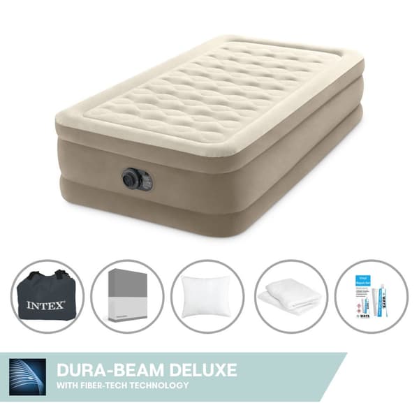 Intex Airbed - 1-Person - 99 x 191 x 46 cm - Beige - Med indbygget pumpe + Monteringslagen Antracit + Pude + Molton 2 i 1 Pudebetræk + Reparationssæt
