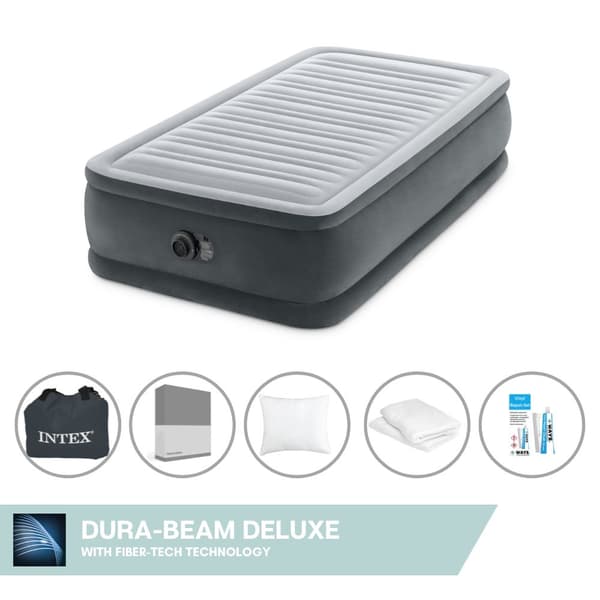 Intex Airbed - 1-Person - 99 x 191 x 46 cm - Grå - Med indbygget pumpe + Påsyet lagen Antracit + Pude + Molton 2 i 1 pudebetræk + Reparationssæt