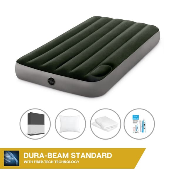 Intex Airbed - 1-Person - 99 x 191 x 25 cm - Grøn - Med indbygget fodpumpe + Påsyet lagen Sort + Pude + Molton 2 i 1 Pudebetræk + Reparationssæt