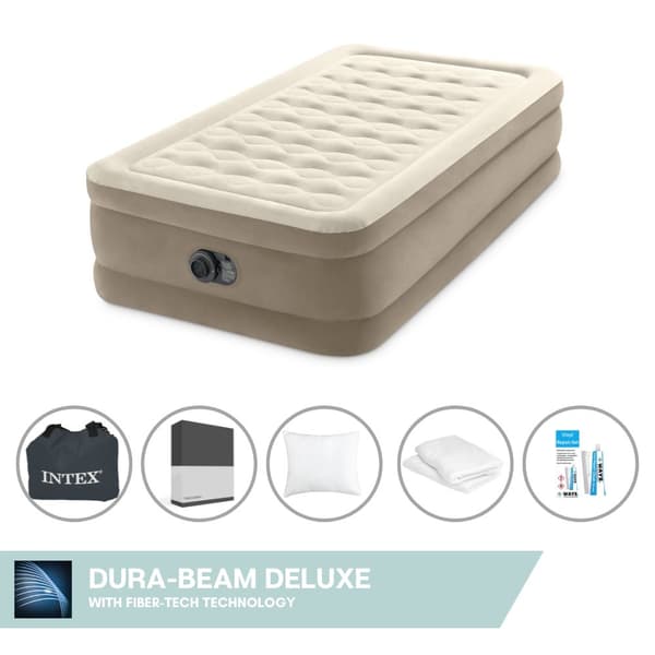 Intex Airbed - 1-Person - 99 x 191 x 46 cm - Beige - Med indbygget pumpe + Påsyet lagen Sort + Pude + Molton 2 i 1 Pudebetræk + Reparationssæt