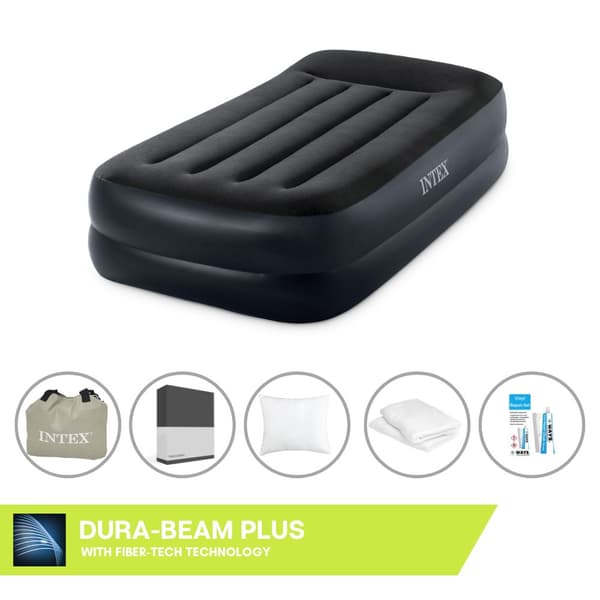 Intex Airbed - 1-Person - 99 x 191 x 46 cm - Blå - Med pumpe + Påsyet lagen Sort + Pude + Molton 2 i 1 pudebetræk + Reparationssæt