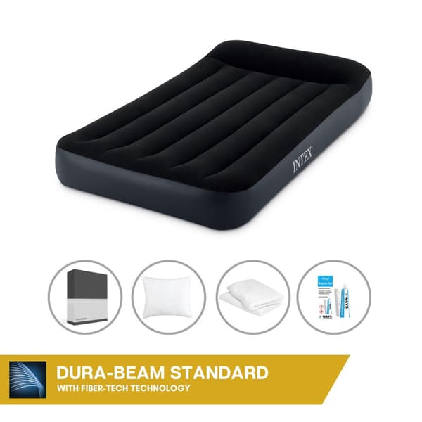 Intex Airbed - 1-Person - 99 x 191 x 25 cm - Sort - Med indbygget pumpe + Påsyet lagen Sort + Pude + Molton 2 i 1 Pudebetræk + Reparationssæt