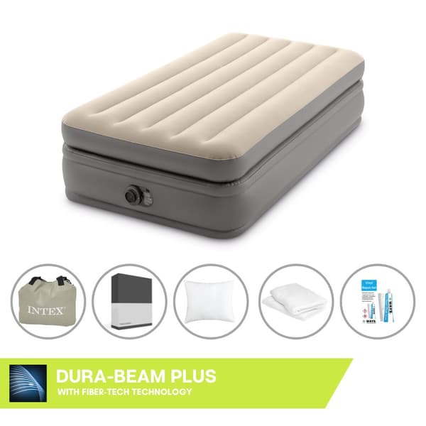 Intex Airbed - 1-Person - 99 x 191 x 51 cm - Grå - Med indbygget pumpe + Påsyet lagen Sort + Pude + Molton 2 i 1 Pudebetræk + Reparationssæt