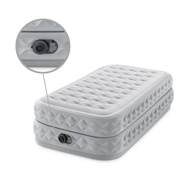 Intex Airbed - 1-Person - 99 x 191 x 51 cm - Grå - Med indbygget pumpe + Påsyet lagen Sort + Pude + Molton 2 i 1 Pudebetræk + Reparationssæt