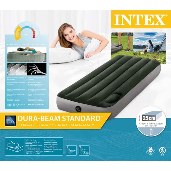 Intex Airbed - 1-Person - 76 x 191 x 25 cm - Grøn - Med indbygget fodpumpe + Påsyet lagen Hvid + Pude + Molton 2 i 1 Pudebetræk + Reparationssæt
