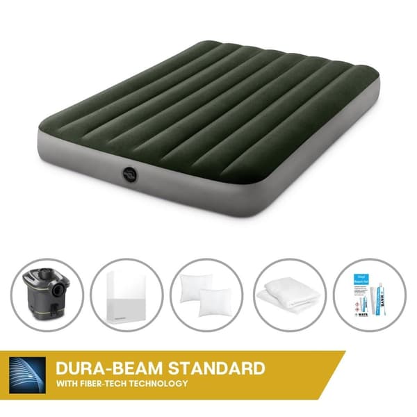 Intex Airbed - Dobbeltseng - 137 x 191 x 25 cm - Grøn - Med pumpe + Påsyet lagen Hvid + Pude + Molton 2 i 1 pudebetræk + Reparationssæt