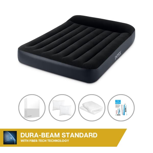 Intex Airbed - Dobbeltseng - 137 x 191 x 25 cm - Sort - Med indbygget pumpe + Påsyet lagen Hvid + Pude + Molton 2 i 1 pudebetræk + Reparationssæt