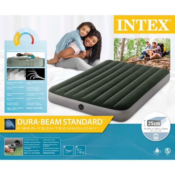 Intex luftseng - Dobbeltseng - 137 x 191 x 25 cm - Grøn - Med pumpe + Påsyet lagen antracit + pude + Molton 2 i 1 pudebetræk + reparationssæt