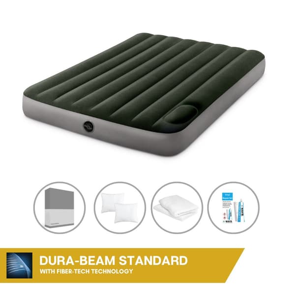 Intex Airbed - Dobbeltseng - 137 x 191 x 25 cm - Grøn - Med indbygget fodpumpe + Påsyet lagen antracit + pude + Molton 2 i 1 pudebetræk +