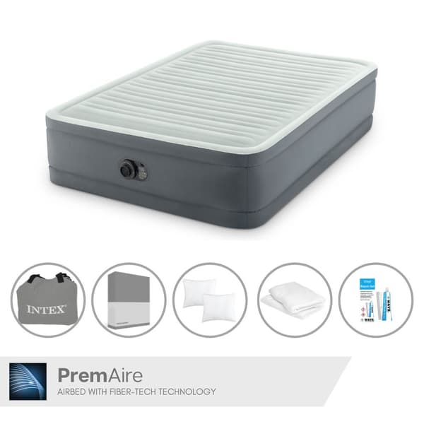Intex Airbed - Dobbeltseng - 137 x 191 x 36 cm - Grå - Med elektrisk pumpe + Laden antracit + pude + Molton 2 i 1 pudebetræk + reparationssæt