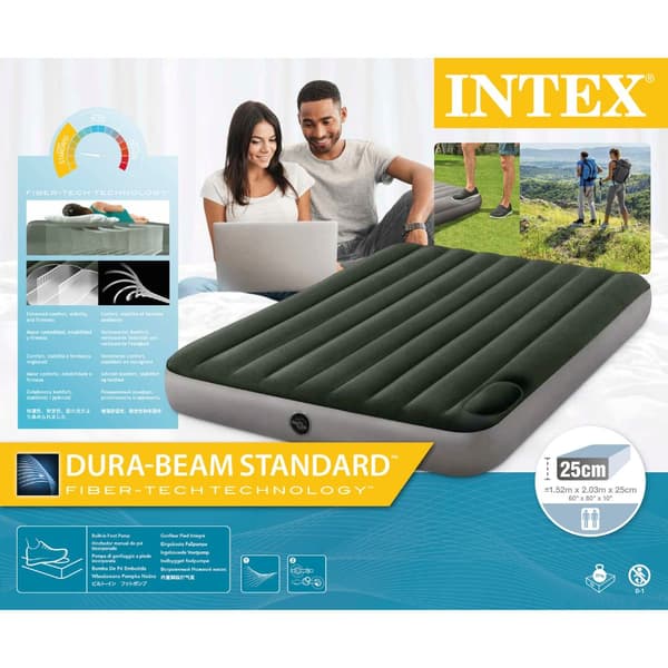 Intex luftseng - 2-personers - 152 x 203 x 25 cm - Grøn - Med indbygget fodpumpe + Påsyet lagen Hvid + Pude + Molton 2 i 1 pudebetræk + Reparationssæt