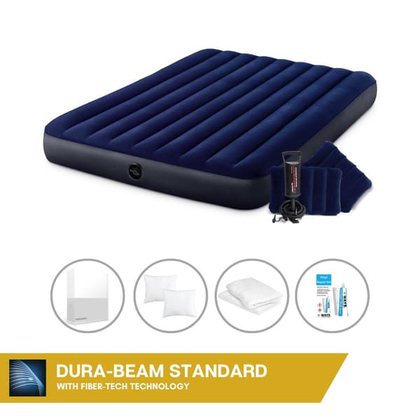 Intex Airbed - 2-Person - 152 x 203 x 25 cm - Blå - Inkl. håndpumpe og puder + hvidt lagnet + pude + Molton 2 i 1 pudebetræk + reparationssæt