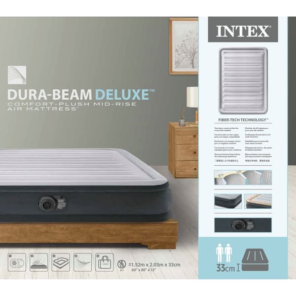 Intex luftseng - 2-personers - 152 x 203 x 33 cm - Grå - Med indbygget pumpe + Påsyet lagen antracit + pude + Molton 2 i 1 pudebetræk + reparationssæt