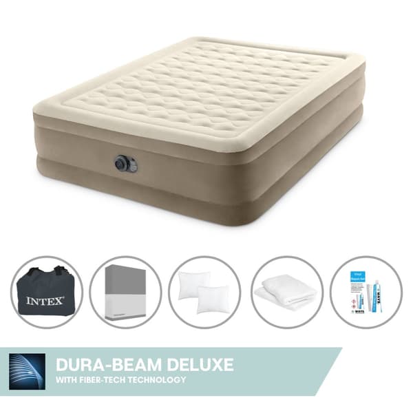 Intex Airbed - 2-Person - 152 x 203 x 46 cm - Beige - Med indbygget pumpe + Påsyet lagen Antracit + Pude + Molton 2 i 1 pudebetræk + Reparationssæt