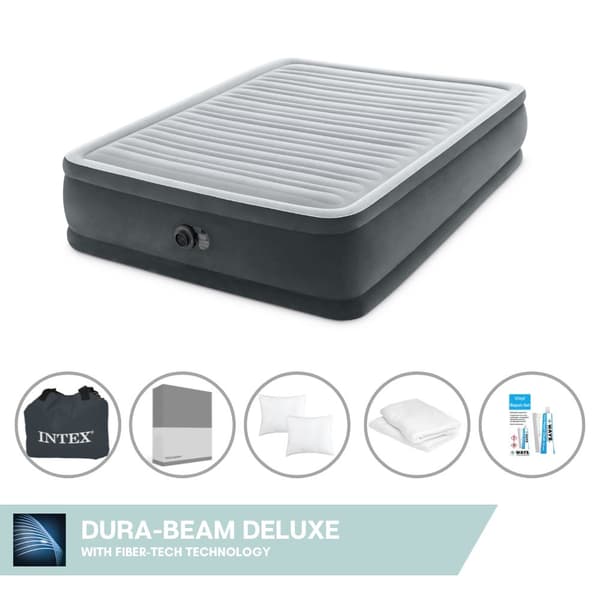 Intex Airbed - 2 hengen - 152 x 203 x 46 cm - Harmaa - Sisäänrakennettu pumppu + Kiinnitetty lakana antrasiitti + tyyny + Molton 2 in 1 tyynyliinat +