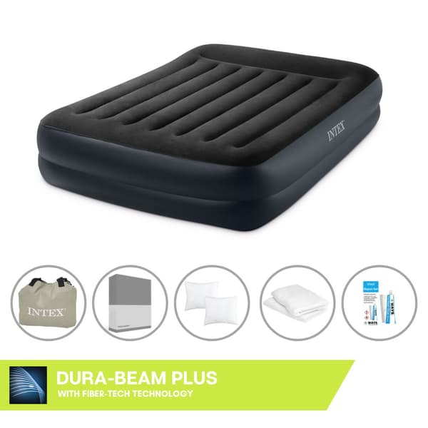 Intex Airbed - 2-hengen - 152 x 203 x 42 cm - Sininen - Pumppu + lakana antrasiitti + tyyny + Molton 2 in 1 tyynyliinat + korjaussetti