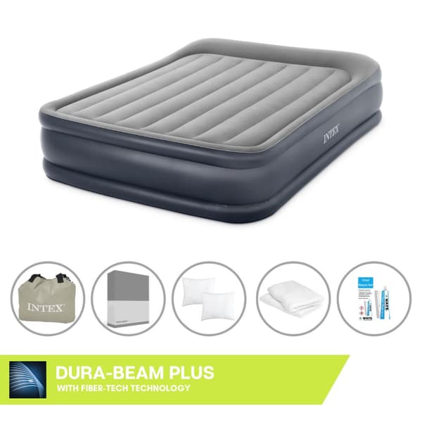 Intex luftseng - 2-personers - 152 x 203 x 42 cm - Grå - Med pumpe + Påsyet lagen antracit + pude + Molton 2 i 1 pudebetræk + reparationssæt