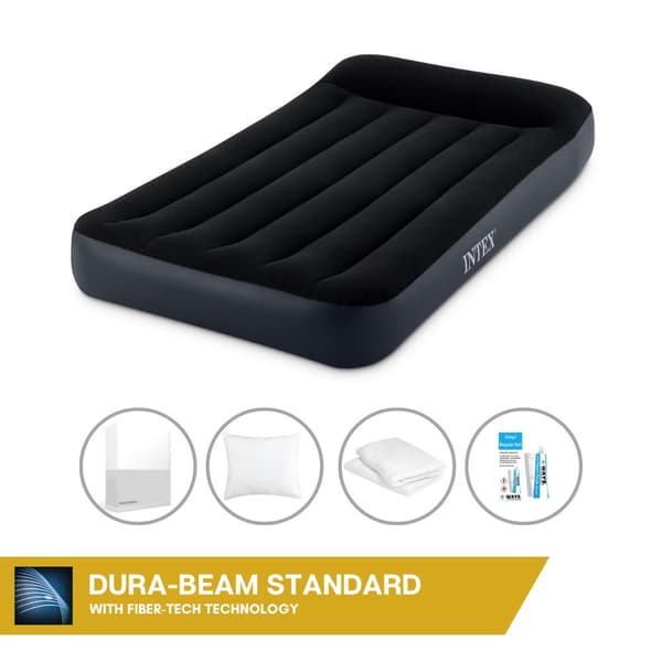 Intex Airbed - 1-Person - 99 x 191 x 25 cm - Blå - Med indbygget pumpe, Fittingslag Hvid, Pude, Molton 2 i 1 pudebetræk og reparationssæt