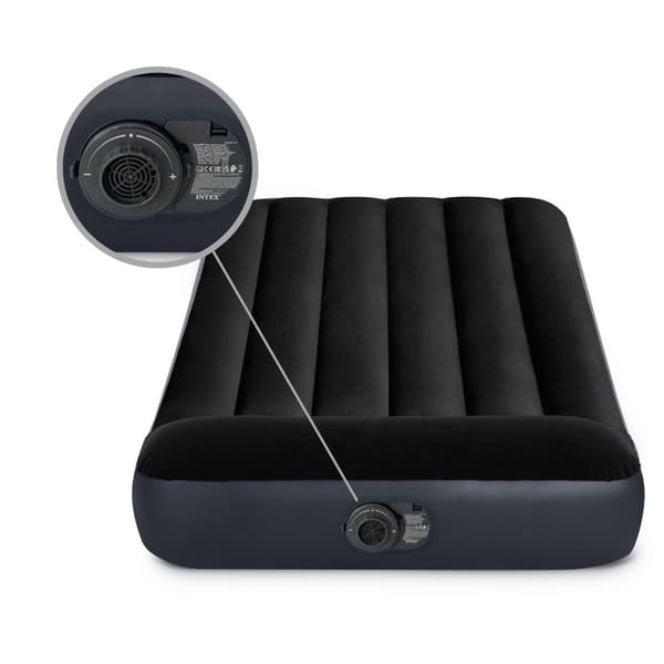 Intex Airbed - 1-Person - 99 x 191 x 25 cm - Blå - Med indbygget pumpe, Fitsladen antracit, pude, Molton 2 i 1 pudebetræk og reparationssæt
