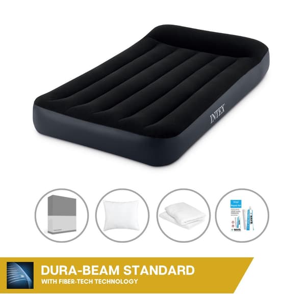 Intex Airbed - 1-Person - 99 x 191 x 25 cm - Blå - Med indbygget pumpe, Fitsladen antracit, pude, Molton 2 i 1 pudebetræk og reparationssæt