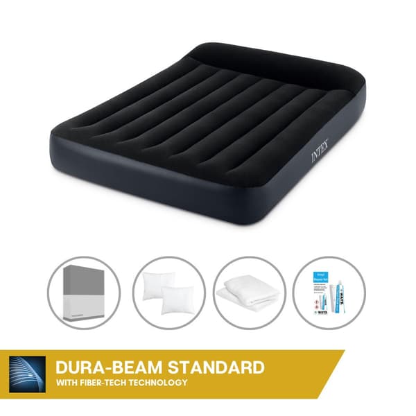 Intex Air Bed - Dobbeltseng - 137 x 191 x 25 cm - Blå - Med indbygget pumpe, monteret lagen antracit, pude, Molton 2 i 1 pudebetræk og reparationssæt