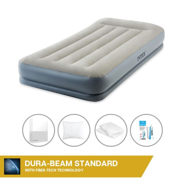 Intex Airbed - 1-Person - 99 x 191x 30 cm - Grå - Med indbygget pumpe, Fitting sheet Hvid, Pude, Molton 2 i 1 Pudebetræk og Reparationssæt