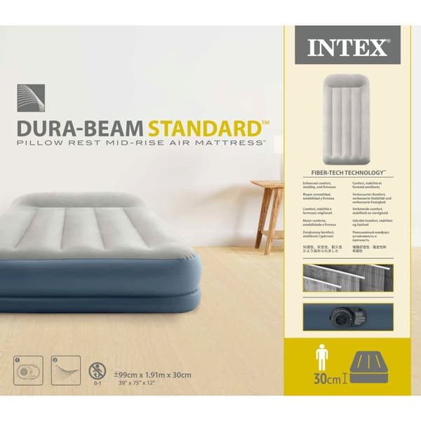 Intex Airbed - 1-Person - 99 x 191x 30 cm - Grå - Med indbygget pumpe, Fit sheet antracit, pude, Molton 2 i 1 pudebetræk og reparationssæt