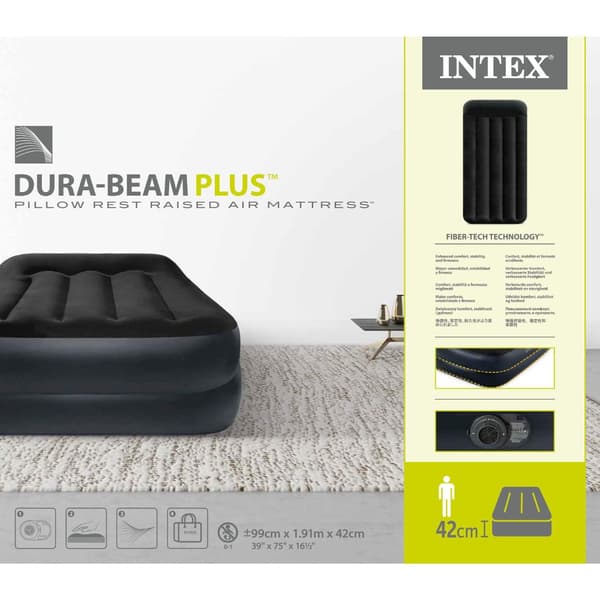 Intex luftseng - 1-person - 99 x 191 x 46 cm - Blå - Med pumpe, monteret lagen antracit, pude, Molton 2 i 1 pudebetræk og reparationssæt