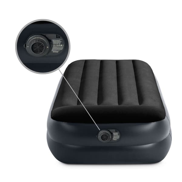 Intex luftseng - 1-person - 99 x 191 x 46 cm - Blå - Med pumpe, monteret lagen antracit, pude, Molton 2 i 1 pudebetræk og reparationssæt