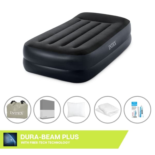 Intex luftseng - 1-person - 99 x 191 x 46 cm - Blå - Med pumpe, monteret lagen antracit, pude, Molton 2 i 1 pudebetræk og reparationssæt