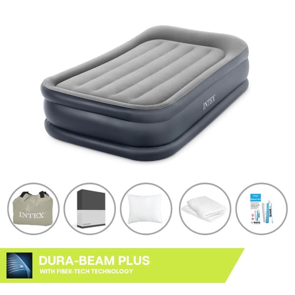 Intex luftseng - 1-person - 99 x 191 x 42 cm - Grå - Med pumpe, træklagen sort, pude, Molton 2 i 1 pudebetræk og reparationssæt