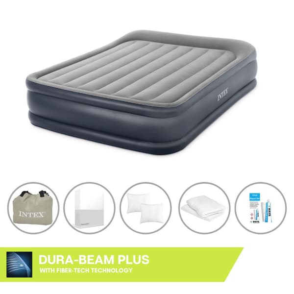 Intex luftseng - 2-personers - 152 x 203 x 42 cm - Grå - Med pumpe, træklagen hvid, pude, Molton 2 i 1 pudebetræk og reparationssæt