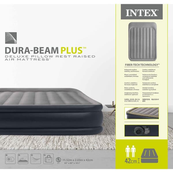 Intex luftseng - 2-personers - 152 x 203 x 42 cm - Grå - Med pumpe, monteret lagen antracit, pude, Molton 2 i 1 pudebetræk og reparationssæt