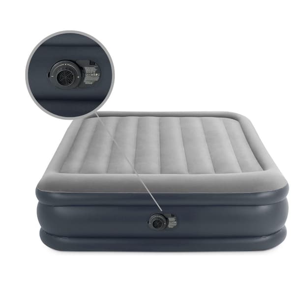 Intex luftseng - 2-personers - 152 x 203 x 42 cm - Grå - Med pumpe, monteret lagen antracit, pude, Molton 2 i 1 pudebetræk og reparationssæt
