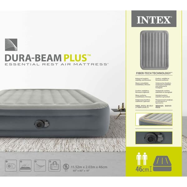 Intex Airbed - 2-hengen - 152 x 203 x 46 cm - Harmaa - Sisäänrakennettu pumppu, Valkoinen lakana, Tyyny, Molton 2 in 1 -tyynyliinat ja korjaussetti