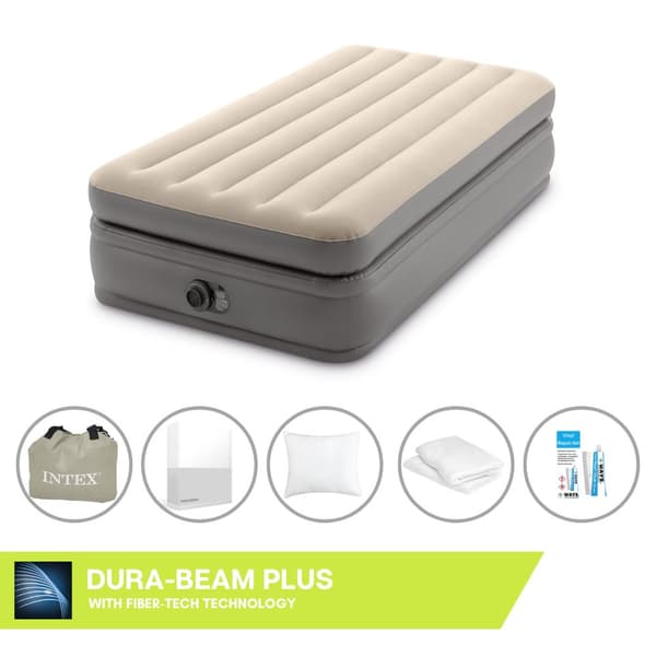 Intex Airbed - 1-Person - 99 x 191 x 51 cm - Grå - Med indbygget pumpe, Fit sheet Hvid, Pude, Molton 2 i 1 pudebetræk og reparationssæt