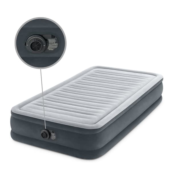 Intex luftseng - 1 person - 99 x 191 x 33 cm - Grå - Med indbygget pumpe, sort lagnet, pude, Molton 2 i 1 pudebetræk og reparationssæt