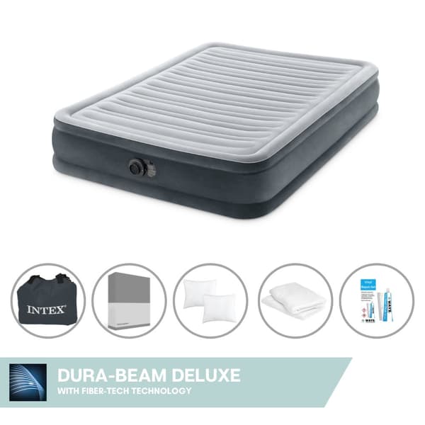 Intex Air Bed - Dobbeltseng - 137 x 191 x 33 cm - Grå - Med indbygget pumpe, monteret lagen antracit, pude, Molton 2 i 1 pudebetræk og reparationssæt