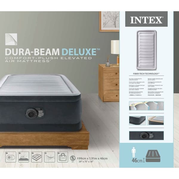 Intex luftseng - 1-Person - 99 x 191 x 46 cm - Grå - Med indbygget pumpe, Fitlagen Hvid, Pude, Molton 2 i 1 pudebetræk og reparationssæt