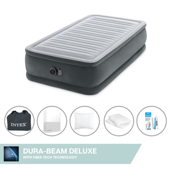 Intex Airbed - 1-henkilö - 99 x 191 x 46 cm - Harmaa - Sisäänrakennettu pumppu, Valkoinen lakana, Tyyny, Molton 2 in 1 -tyynyliinat ja korjaussetti