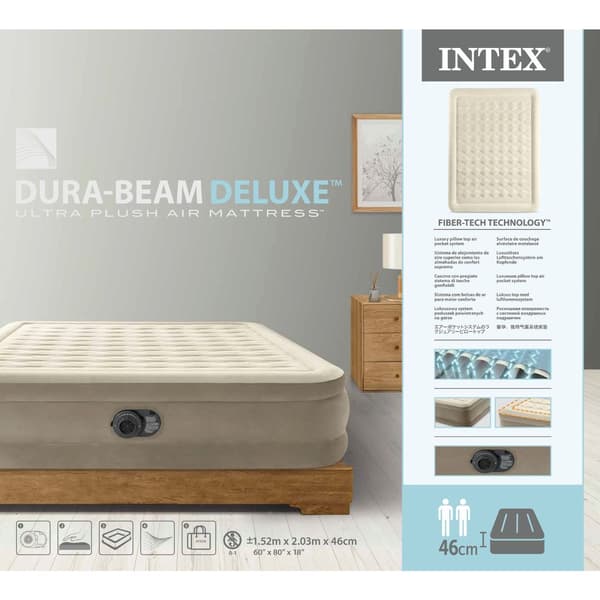Intex luftbädd - 2-personer - 152 x 203 x 46 cm - Beige - Med inbyggd pump, Lakan Vit, Kudde, Molton 2 i 1 örngott och reparationsset