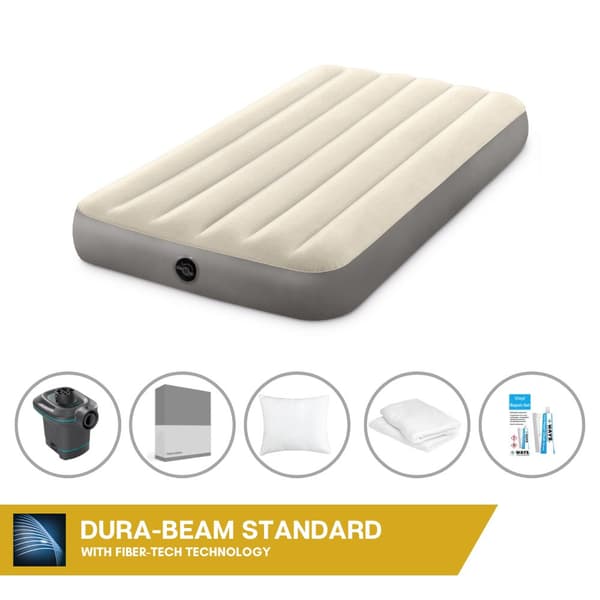 Intex Airbed Sæt Intex Airbed - 1-Person - 99 x 191 x 25 cm - Beige + Intex Elektrisk Pumpe - 650 Liter/min + Monteringslagen Antracit + Pude + Molton