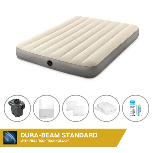 Intex Airbed Set Intex Airbed - Ranskalainen sänky - 137 x 191 x 25 cm - Beige + Intex sähköpumppu - 650 litraa/min + Valkoinen lakana + tyyny +