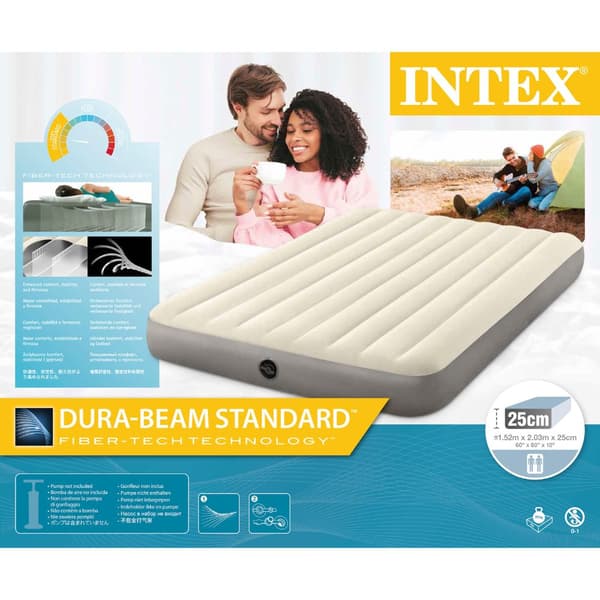 Intex Airbed Sæt Intex Airbed - 2-Person - 152 x 203 x 25 cm - Beige + Intex Elektrisk Pumpe - 650 Liter/min + Monteringslagen Hvid + Pude + Molton 2